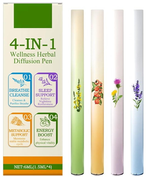 Herbal Blend Diffuser Set,4IN1 Upgraded Dual-Action Herbal Purifier Pens for Sleep Support,Breathe Cleanse and Energy Boost,Herbal Diffuser Pen,Plant-Based Aromatherapy Pen,Pocket-Sized Design